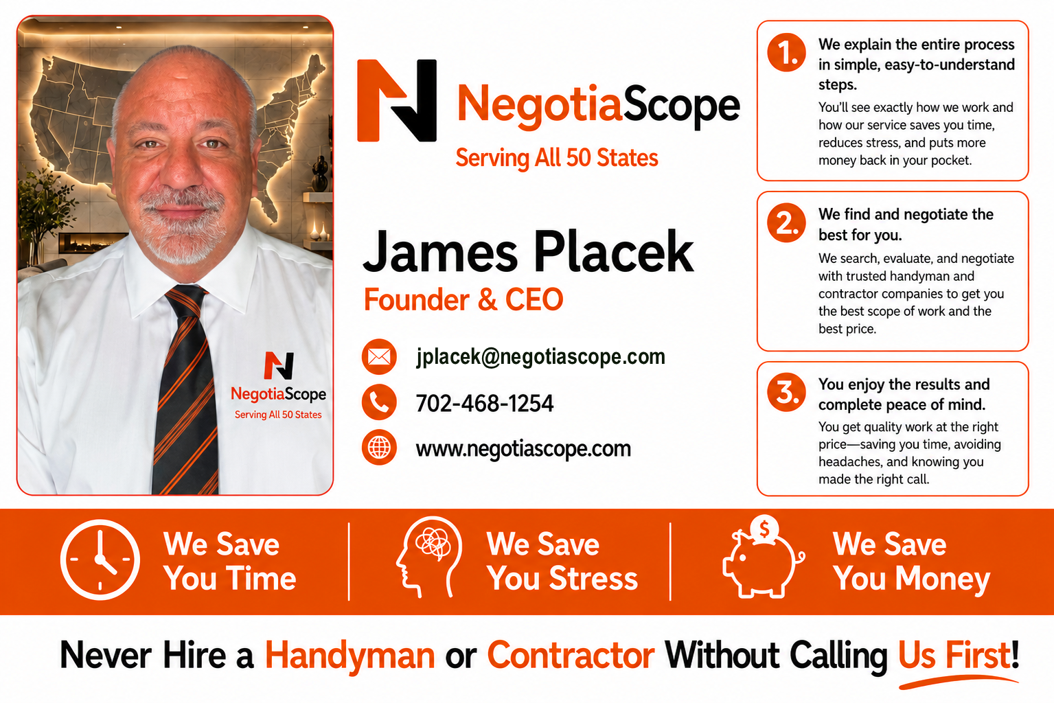 James Placek, Founder and CEO of NegotiaScope, contact card